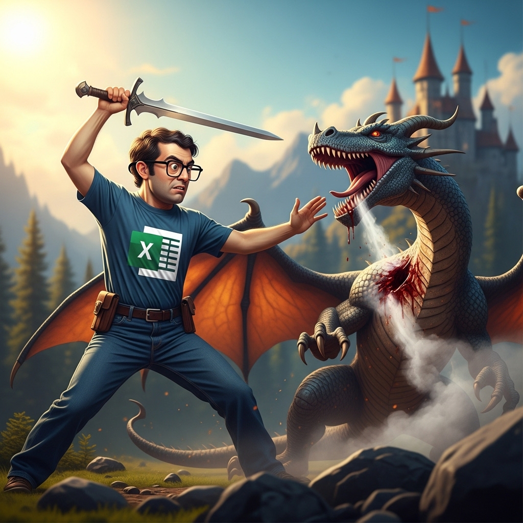 Bold warrior Excel guru defeating evil VBA dragon dude is courtesy of Gemini